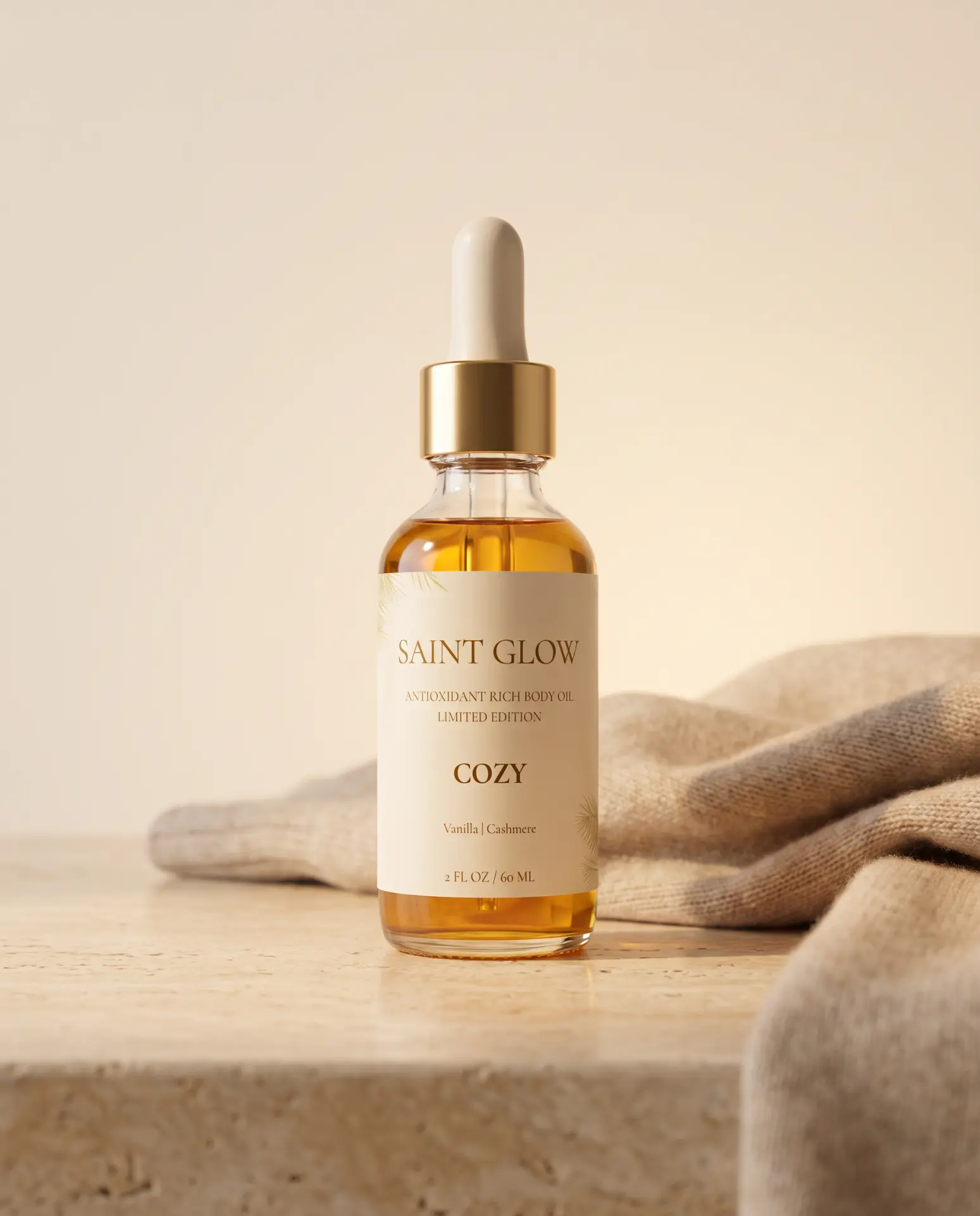 Saint Glow Cozy body oil bottle beside a soft cashmere throw on a travertine surface