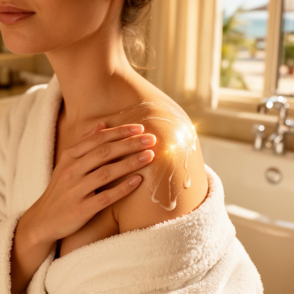 Applying body oil in warm light